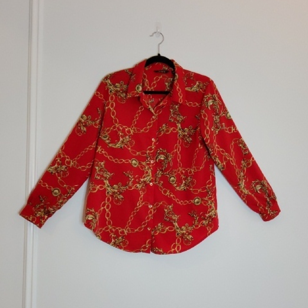 IMAN Red Blouse with Gold Chain Print
